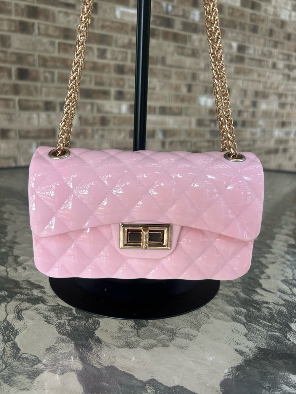 Pink Jelly Quilted Crossbody Bag Gold Chain Strap Mini Flap Purse
